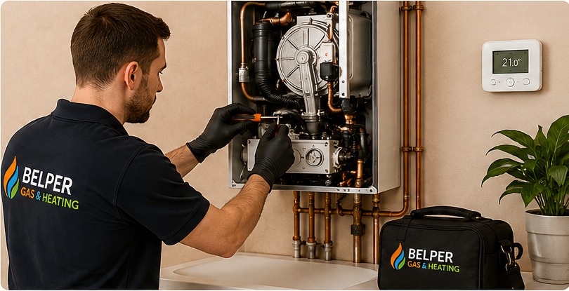Gas engineer servicing a wall-mounted boiler