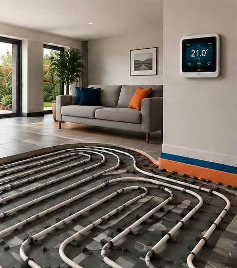 Wet underfloor heating pipework and manifold installation detail
