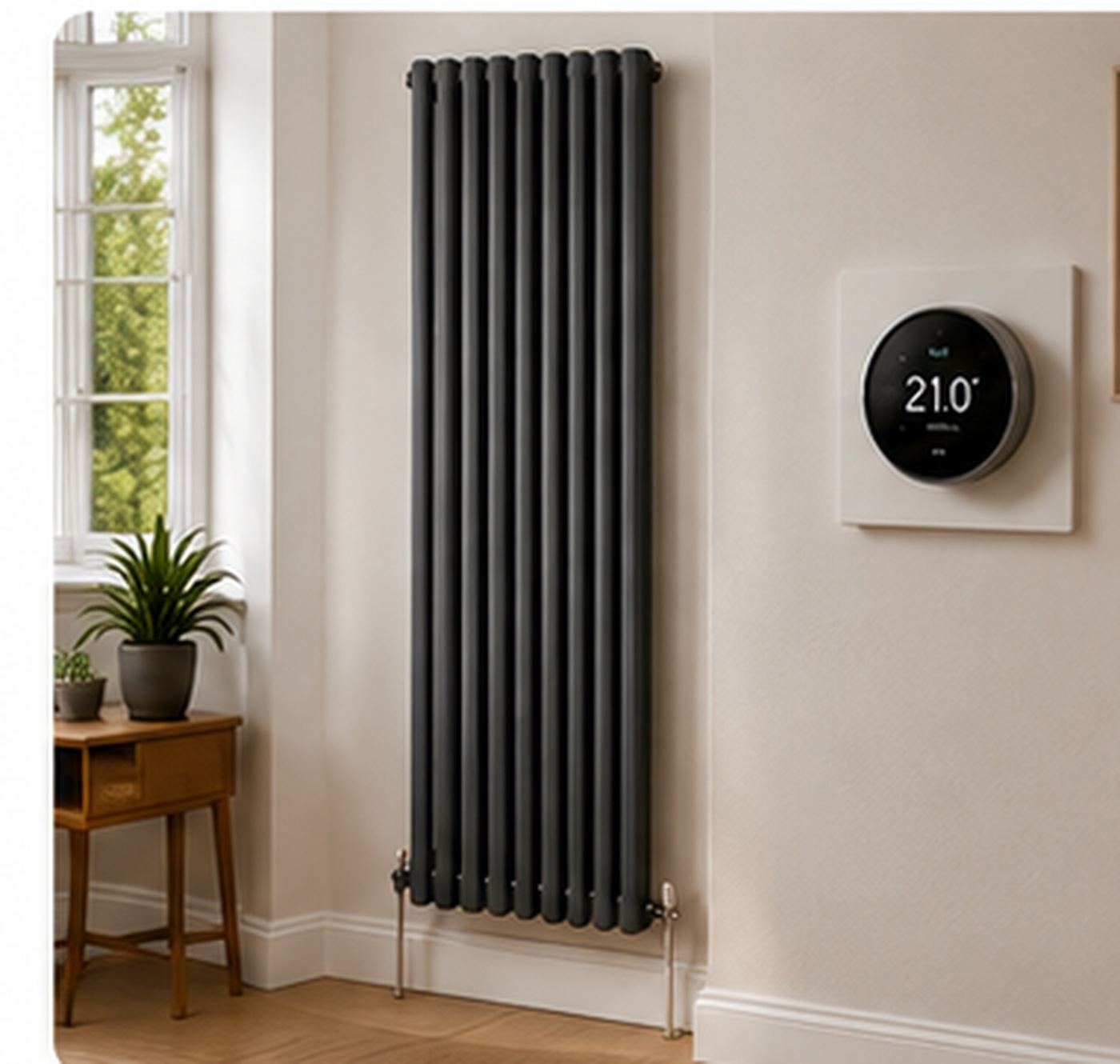 Modern vertical radiator and smart thermostat in a Belper home