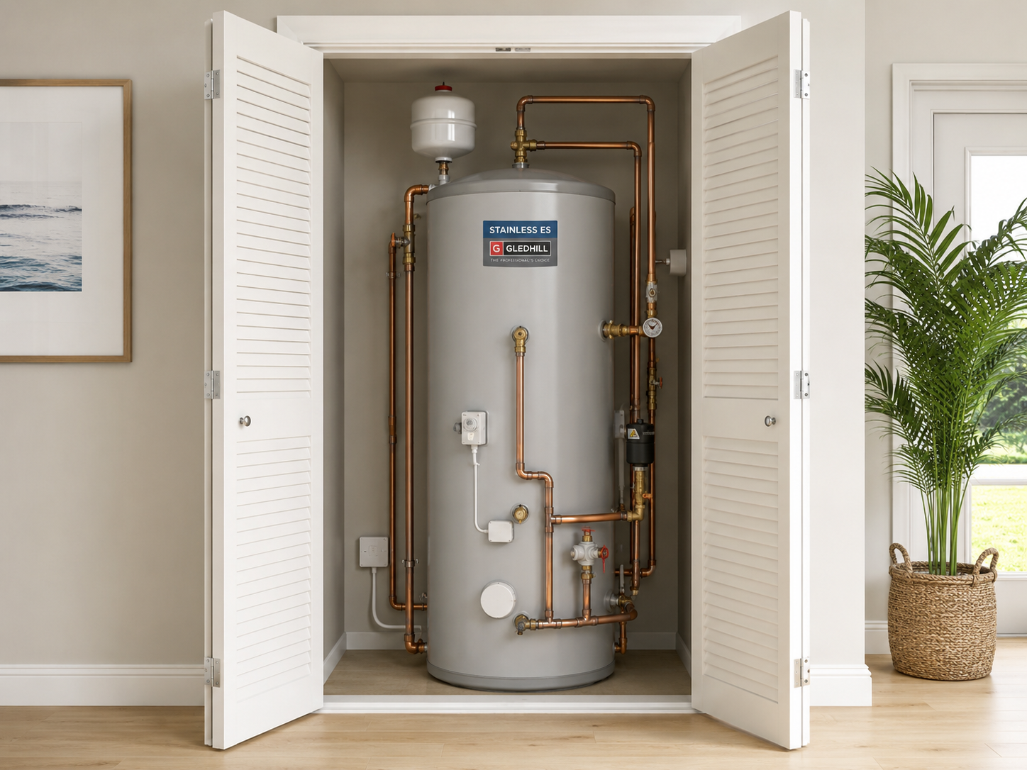 Unvented hot water cylinder installed neatly inside an airing cupboard