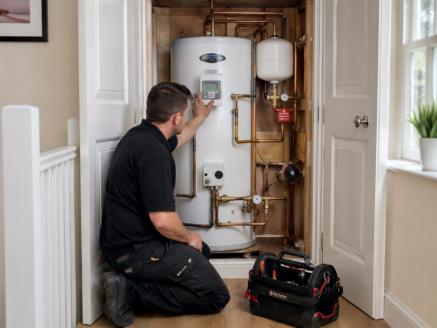 Heating engineer servicing and checking an unvented hot water cylinder